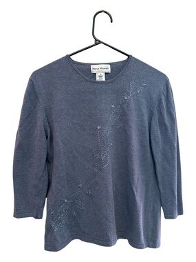 Vintage 90’s/Y2K Era Rena Rowan Floral Detail Blue Crew Neck Sweater Medium